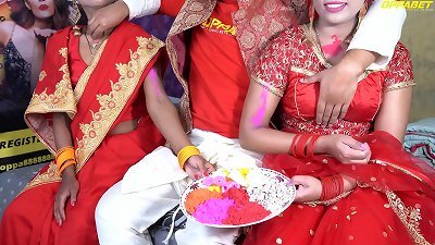 xxx Holi off the hook father in law pummel 2 daughter in law&rsquo;s in Holi Hindi voice